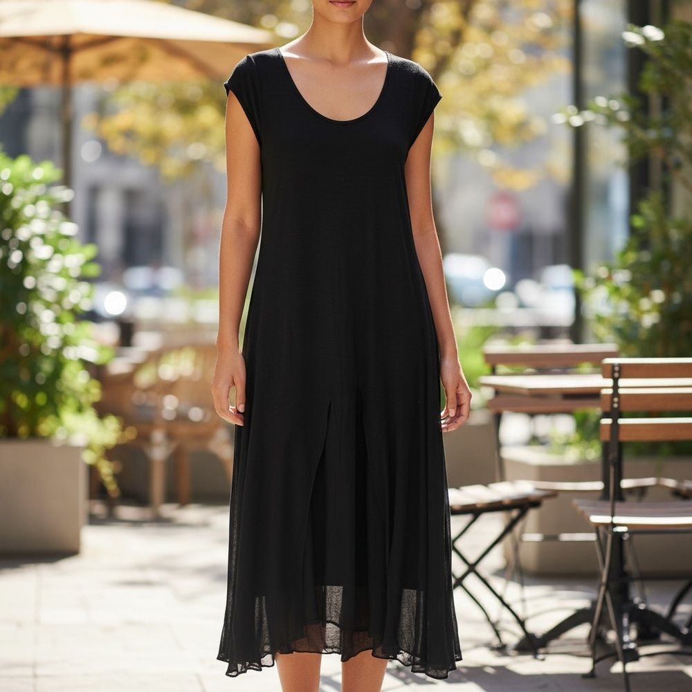 Peruvian Connection Black Lightweight Midi Boatneck Dress Minimalist Medium